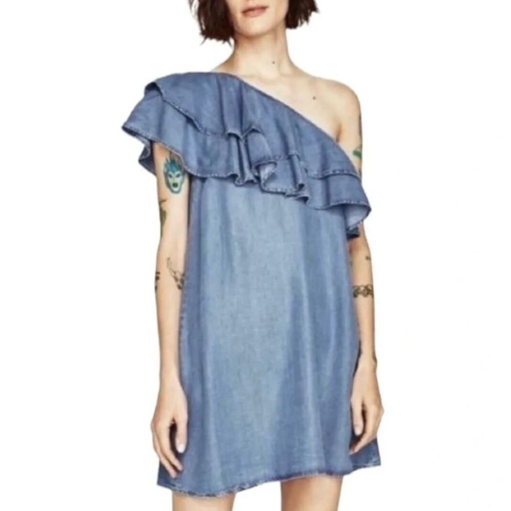 Zara Denim Dress One Shoulder Ruffle Chambray Blue Size M